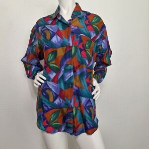 Kikomo Vintage Multicolor 100% Silk Retro Tropical Button Front Blouse Size S